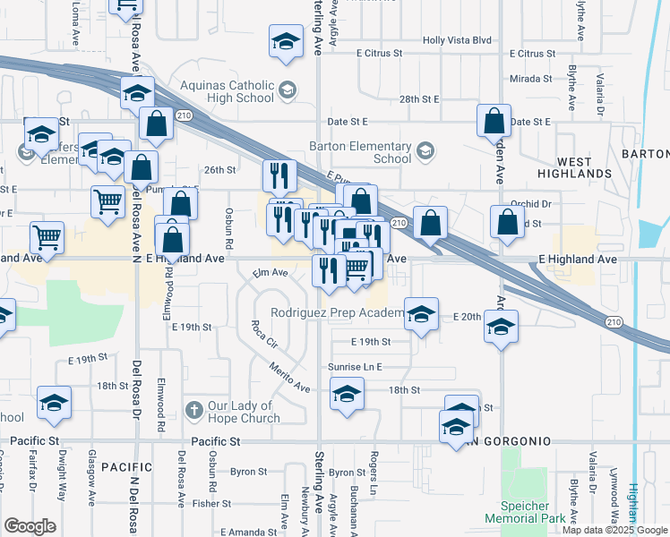 map of restaurants, bars, coffee shops, grocery stores, and more near 2011 East Highland Avenue in San Bernardino
