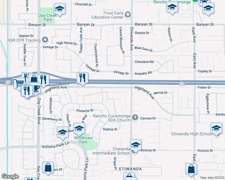 map of restaurants, bars, coffee shops, grocery stores, and more near 12764 Coriander Court in Rancho Cucamonga