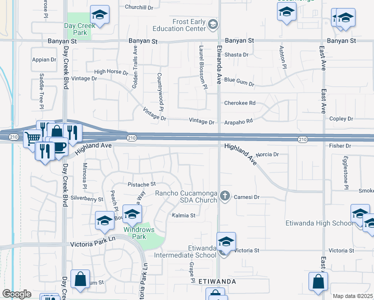 map of restaurants, bars, coffee shops, grocery stores, and more near 12774 Coriander Court in Rancho Cucamonga
