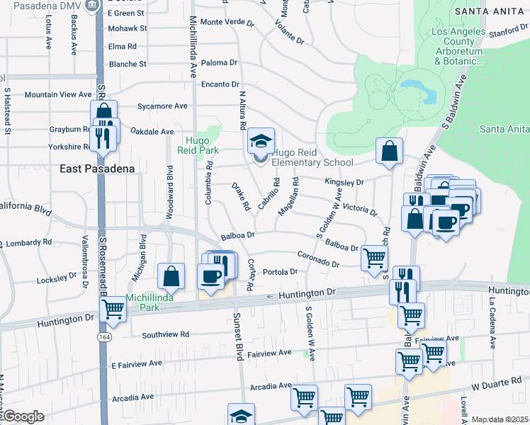 map of restaurants, bars, coffee shops, grocery stores, and more near 412 Cabrillo Road in Arcadia