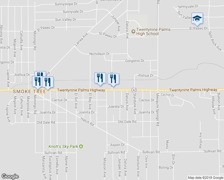 map of restaurants, bars, coffee shops, grocery stores, and more near 6609 Star Dune in Twentynine Palms