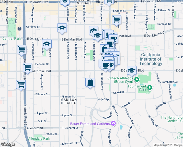 map of restaurants, bars, coffee shops, grocery stores, and more near 716 East California Boulevard in Pasadena