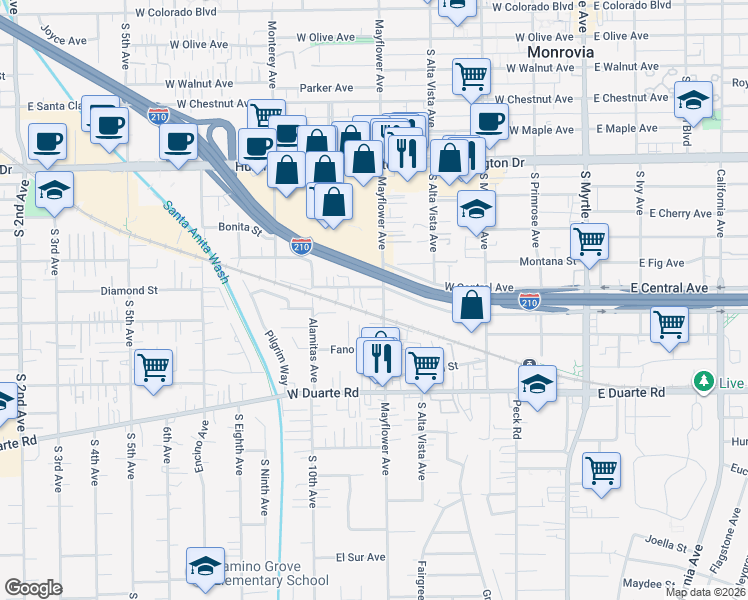 map of restaurants, bars, coffee shops, grocery stores, and more near 1511 Mayflower Avenue in Monrovia