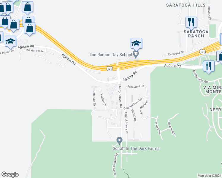 map of restaurants, bars, coffee shops, grocery stores, and more near 27574 Rondell Street in Agoura Hills
