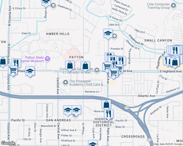map of restaurants, bars, coffee shops, grocery stores, and more near 3455 Highland Ave in Highland