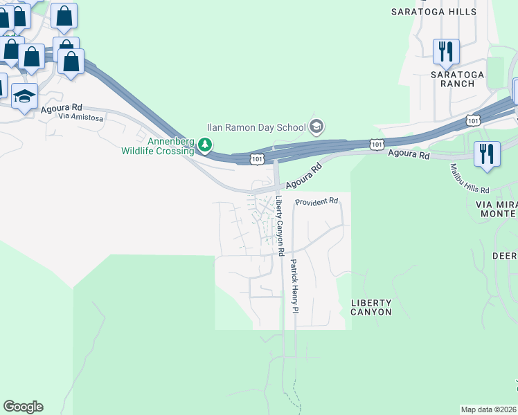 map of restaurants, bars, coffee shops, grocery stores, and more near 27452 Rondell Street in Agoura Hills