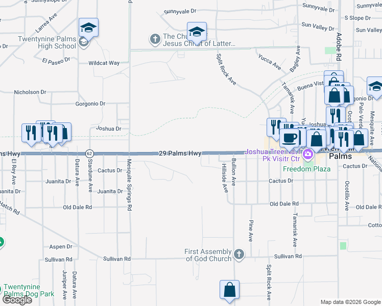 map of restaurants, bars, coffee shops, grocery stores, and more near 73101 29 Palms Highway in Twentynine Palms