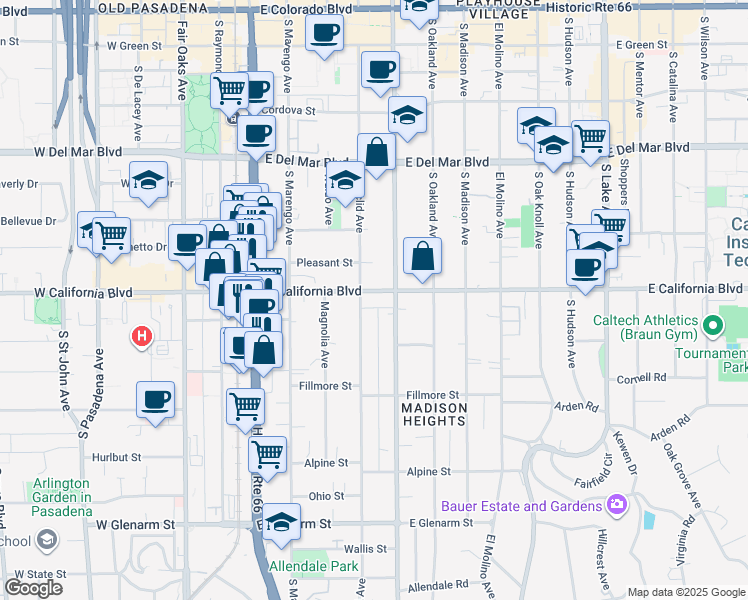 map of restaurants, bars, coffee shops, grocery stores, and more near 382 East California Boulevard in Pasadena