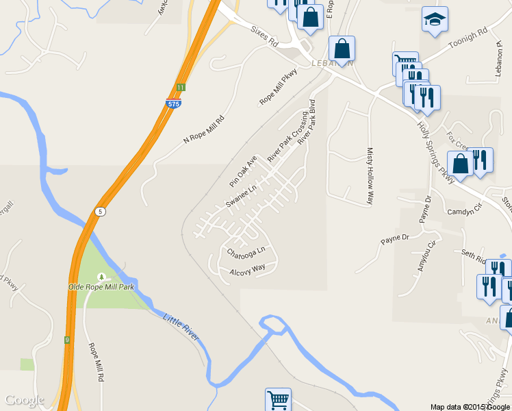 map of restaurants, bars, coffee shops, grocery stores, and more near 230 Hiawassee Drive in Woodstock