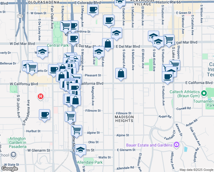 map of restaurants, bars, coffee shops, grocery stores, and more near 340 East California Boulevard in Pasadena
