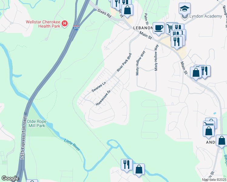 map of restaurants, bars, coffee shops, grocery stores, and more near 257 Hiawassee Drive in Woodstock
