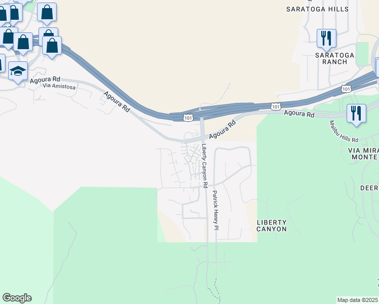 map of restaurants, bars, coffee shops, grocery stores, and more near 27452 Rondell Street in Agoura Hills
