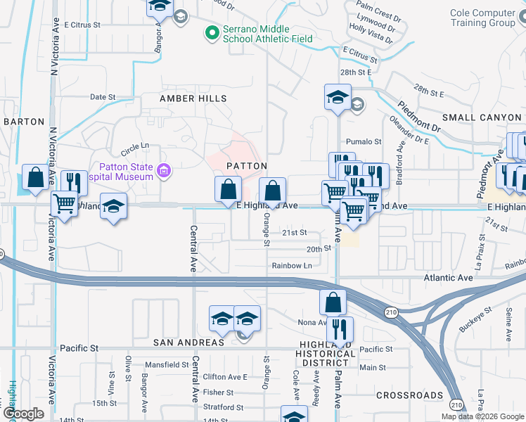 map of restaurants, bars, coffee shops, grocery stores, and more near in Highland