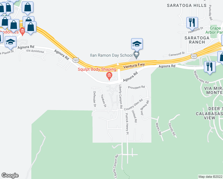 map of restaurants, bars, coffee shops, grocery stores, and more near 27574 Rondell Street in Agoura Hills