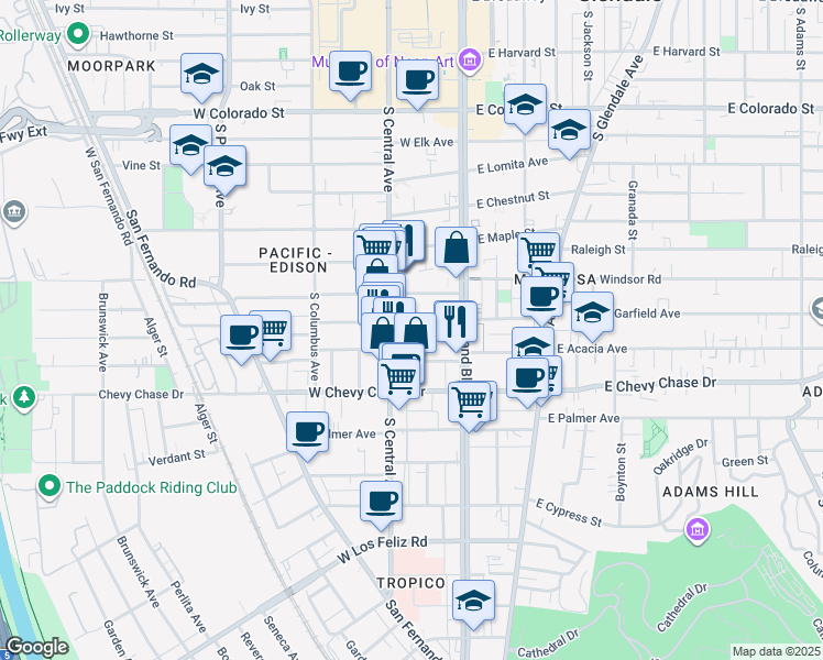 map of restaurants, bars, coffee shops, grocery stores, and more near 212 West Garfield Avenue in Glendale