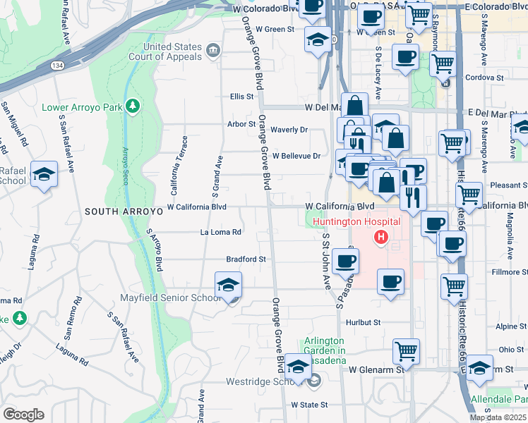 map of restaurants, bars, coffee shops, grocery stores, and more near 601 South Orange Grove Boulevard in Pasadena