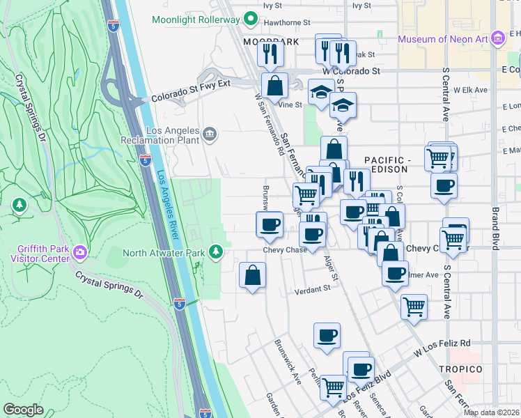 map of restaurants, bars, coffee shops, grocery stores, and more near 4057 Baywood Street in Los Angeles