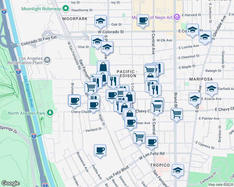 map of restaurants, bars, coffee shops, grocery stores, and more near 449 West Garfield Avenue in Glendale