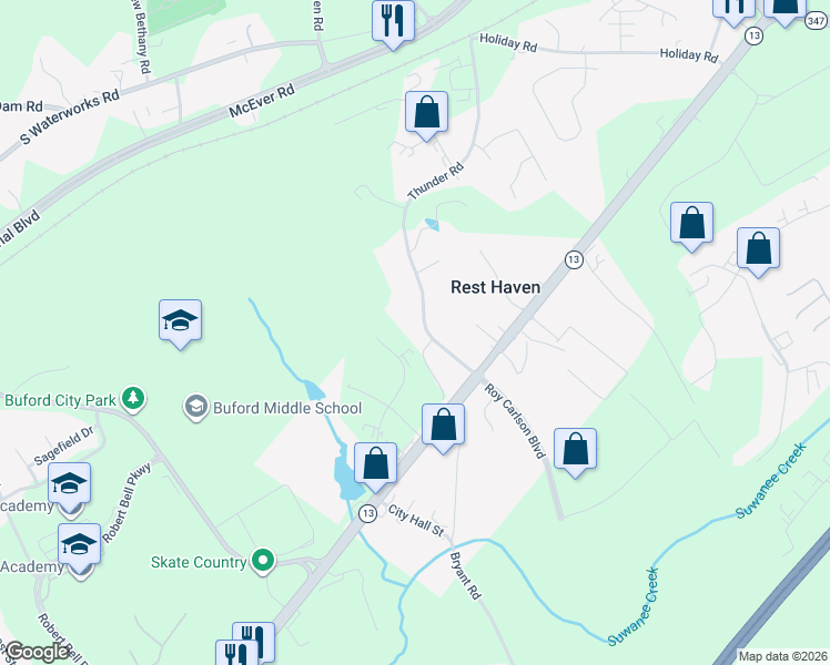 map of restaurants, bars, coffee shops, grocery stores, and more near 410 Thunder Road in Buford