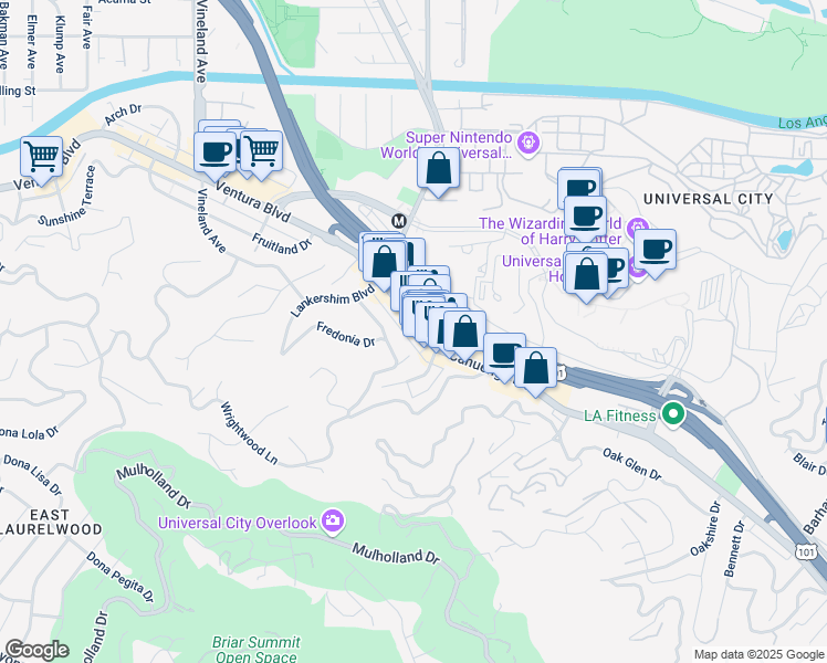 map of restaurants, bars, coffee shops, grocery stores, and more near 3731 Cahuenga Boulevard in Los Angeles