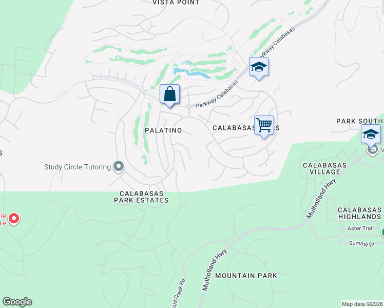 map of restaurants, bars, coffee shops, grocery stores, and more near 3622 Reina Court in Calabasas