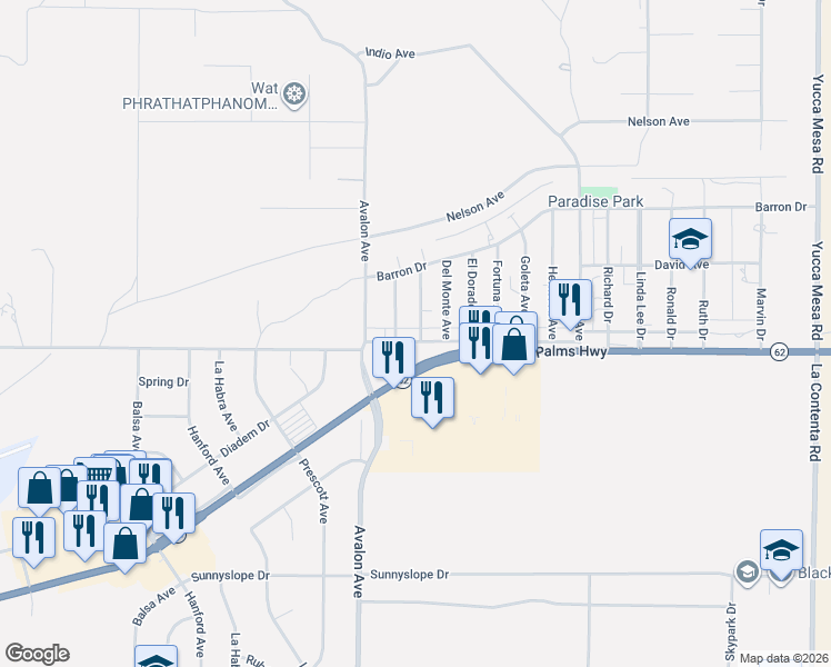 map of restaurants, bars, coffee shops, grocery stores, and more near 6474 Camarilla Avenue in Yucca Valley