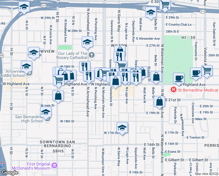 map of restaurants, bars, coffee shops, grocery stores, and more near 2172 Genevieve St in San Bernardino