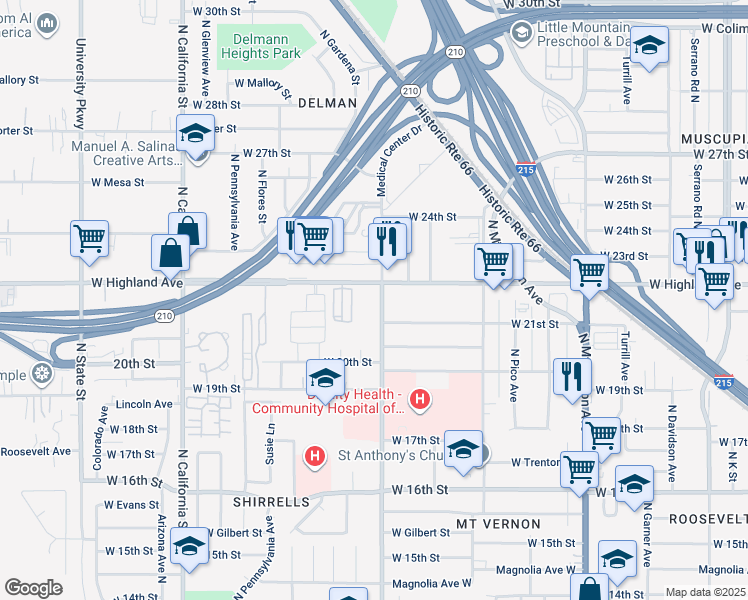 map of restaurants, bars, coffee shops, grocery stores, and more near 2196 Medical Center Drive in San Bernardino