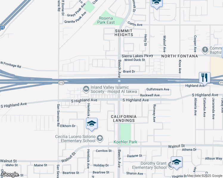 map of restaurants, bars, coffee shops, grocery stores, and more near Foothill Freeway in Fontana