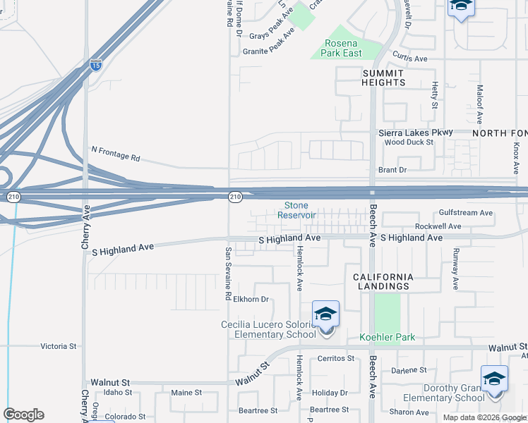 map of restaurants, bars, coffee shops, grocery stores, and more near 15035 South Highland Avenue in Fontana