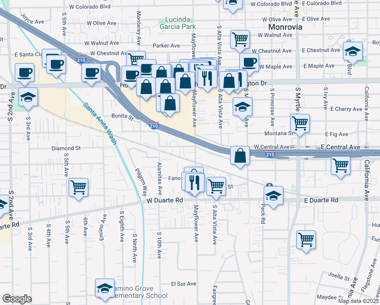 map of restaurants, bars, coffee shops, grocery stores, and more near 1508 Mayflower Avenue in Monrovia