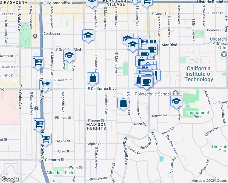 map of restaurants, bars, coffee shops, grocery stores, and more near 609 South El Molino Avenue in Pasadena