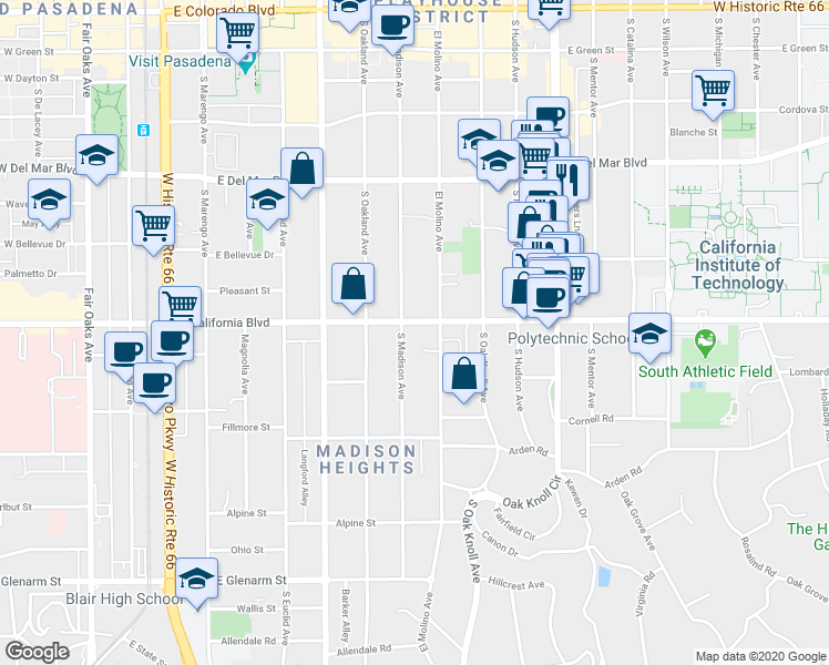 map of restaurants, bars, coffee shops, grocery stores, and more near 595 South Madison Avenue in Pasadena