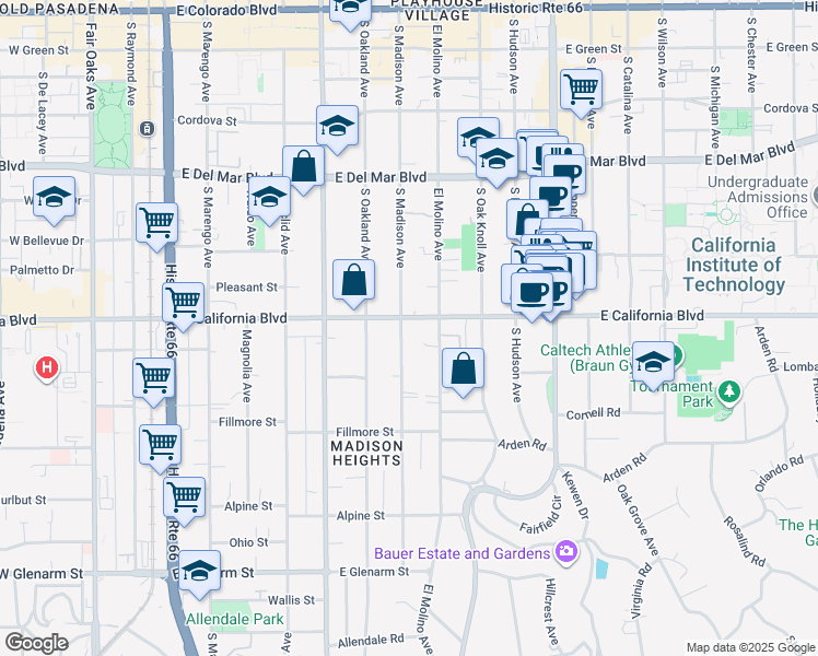 map of restaurants, bars, coffee shops, grocery stores, and more near 595 South Madison Avenue in Pasadena