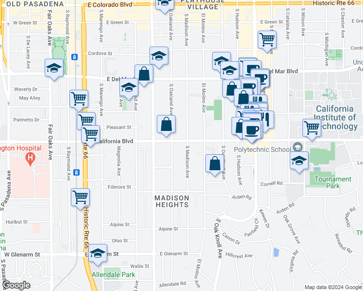 map of restaurants, bars, coffee shops, grocery stores, and more near 595 South Madison Avenue in Pasadena