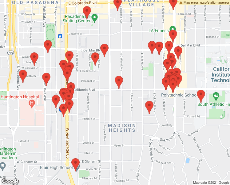 map of restaurants, bars, coffee shops, grocery stores, and more near 589 South Oakland Avenue in Pasadena