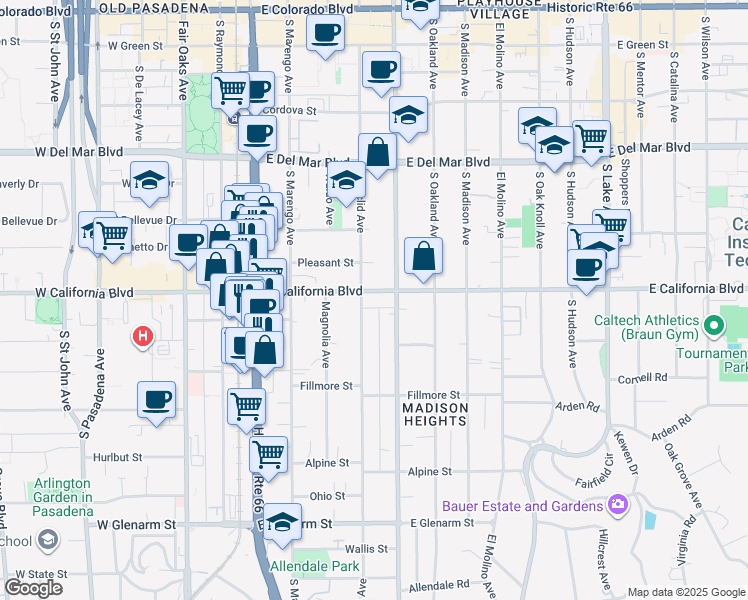 map of restaurants, bars, coffee shops, grocery stores, and more near 340 East California Boulevard in Pasadena