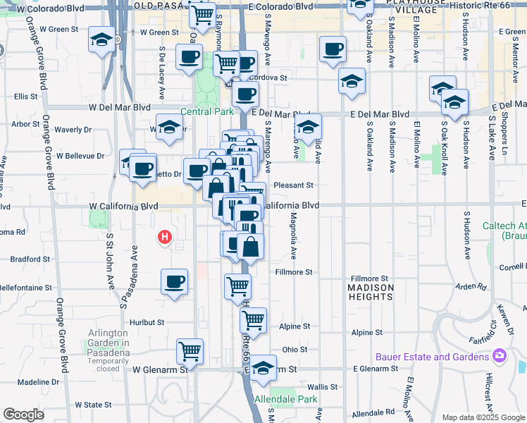 map of restaurants, bars, coffee shops, grocery stores, and more near 591 South Marengo Avenue in Pasadena