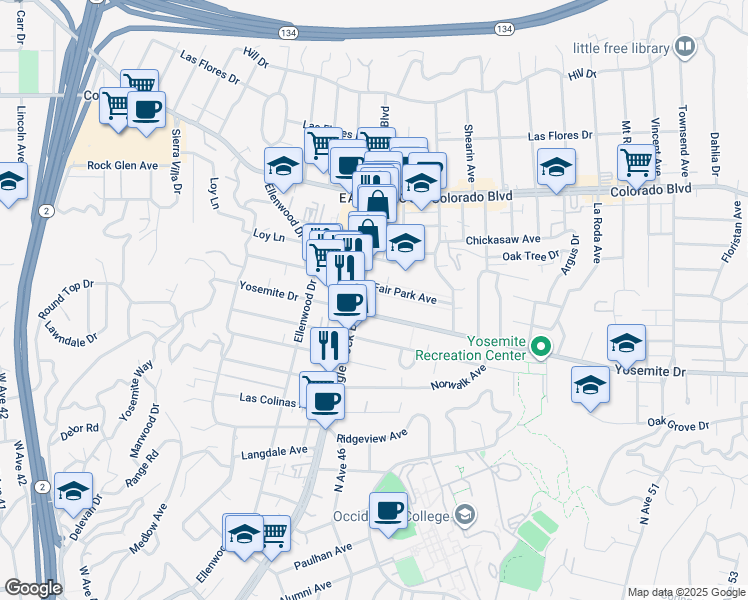 map of restaurants, bars, coffee shops, grocery stores, and more near 4908 North Eagle Rock Boulevard in Los Angeles