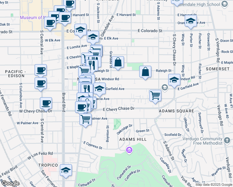 map of restaurants, bars, coffee shops, grocery stores, and more near 600 East Garfield Avenue in Glendale