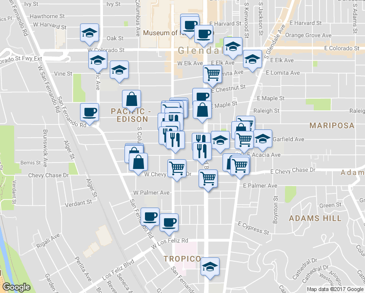 map of restaurants, bars, coffee shops, grocery stores, and more near 212 West Garfield Avenue in Glendale
