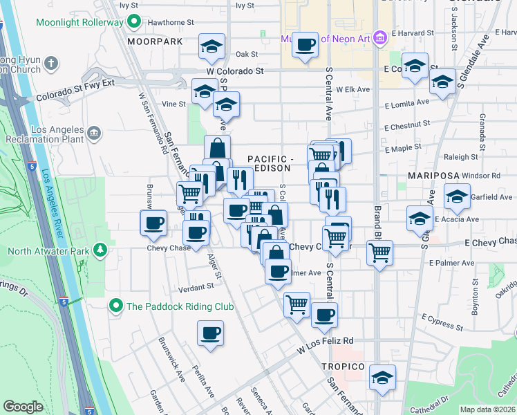 map of restaurants, bars, coffee shops, grocery stores, and more near 453 West Garfield Avenue in Glendale