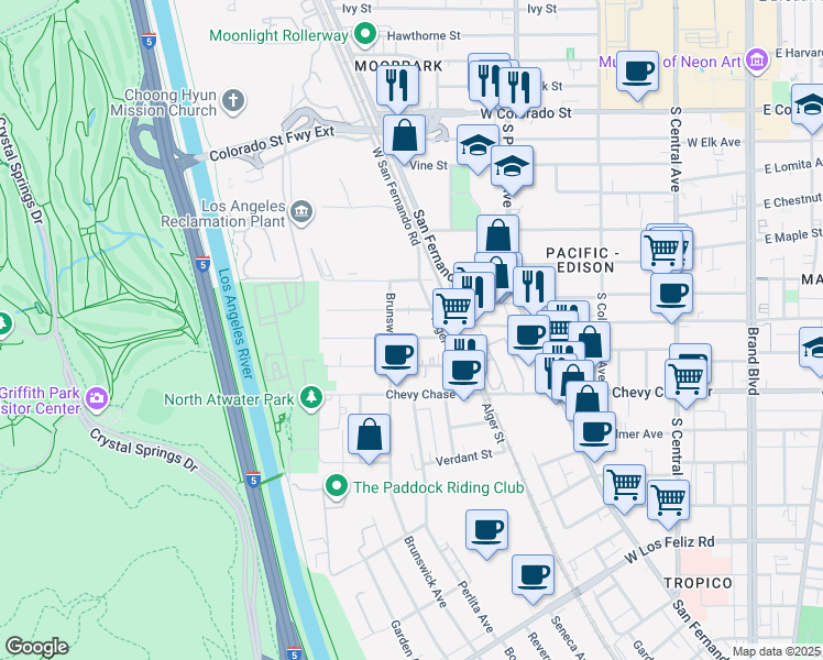 map of restaurants, bars, coffee shops, grocery stores, and more near 4147 Baywood Street in Los Angeles