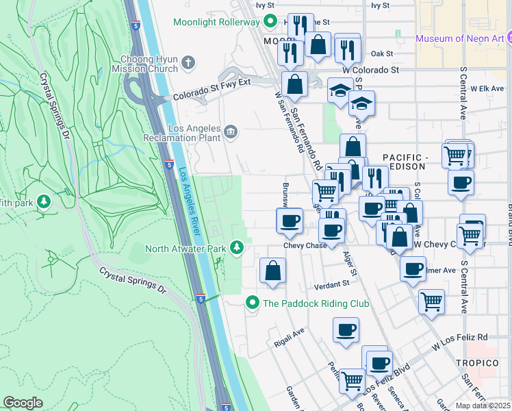 map of restaurants, bars, coffee shops, grocery stores, and more near 4021 Baywood Street in Los Angeles