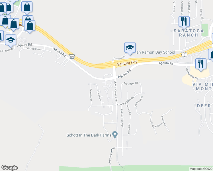 map of restaurants, bars, coffee shops, grocery stores, and more near 27416 Rondell Street in Agoura Hills