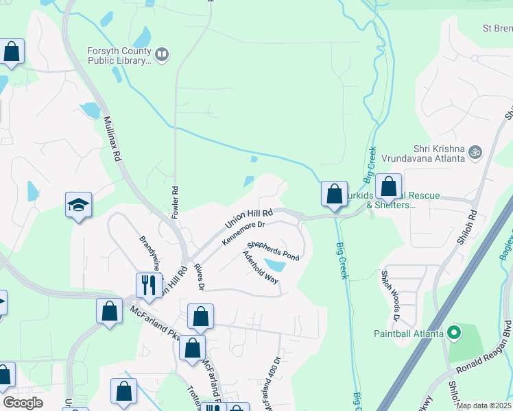 map of restaurants, bars, coffee shops, grocery stores, and more near 5335 Fairmont Glen in Alpharetta