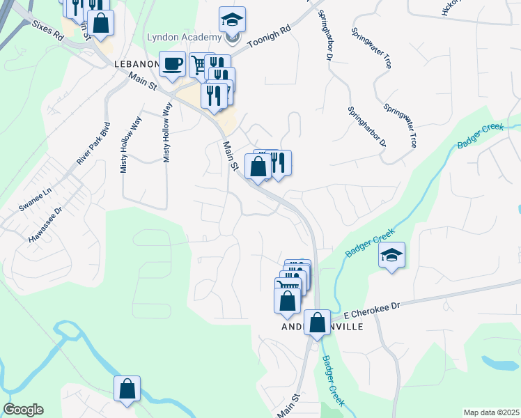 map of restaurants, bars, coffee shops, grocery stores, and more near 307 Serenity Way in Woodstock