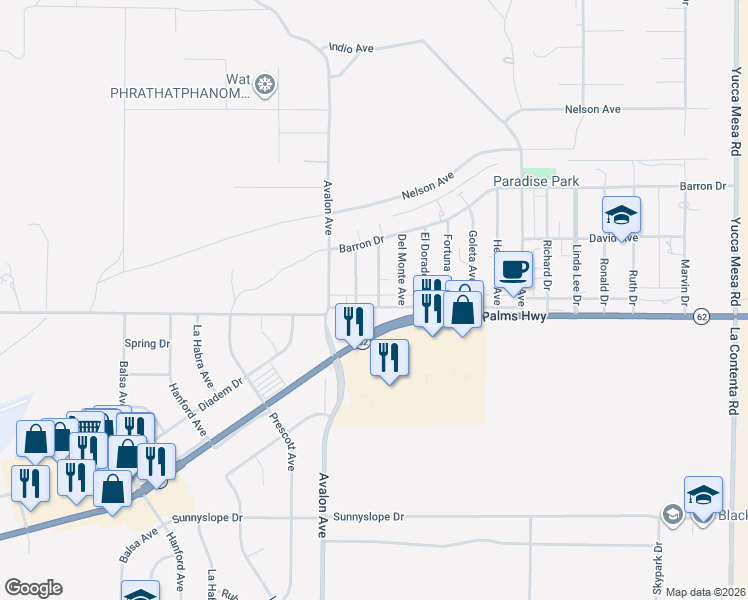 map of restaurants, bars, coffee shops, grocery stores, and more near 6474 Camarilla Avenue in Yucca Valley