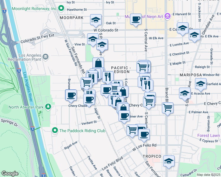 map of restaurants, bars, coffee shops, grocery stores, and more near 453 West Garfield Avenue in Glendale