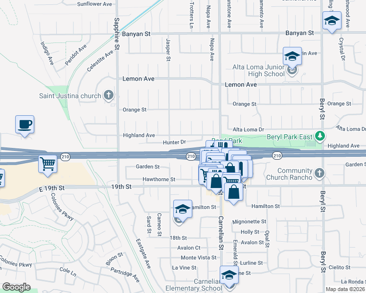 map of restaurants, bars, coffee shops, grocery stores, and more near 8543 Hunter Drive in Rancho Cucamonga